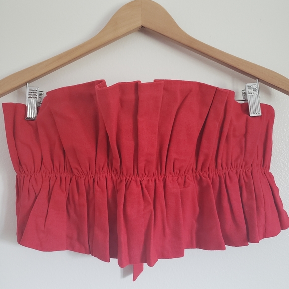Selfie Leslie Thea Ruffle Linen Tie Back Crop Top Red Size USA Small - Picture 5 of 15